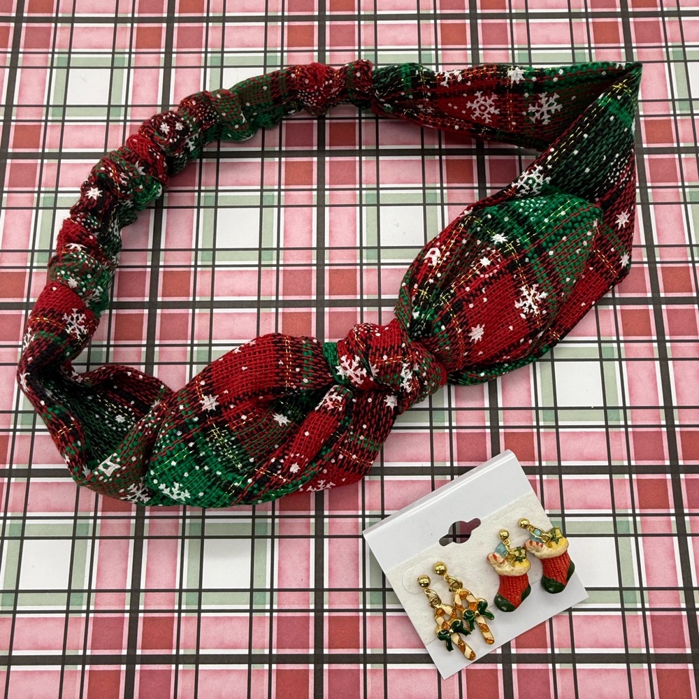 Christmas Plaid Headband + Vintage Earrings Set Accessory Cute Gift Coordinating